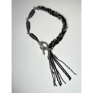 Mixed Metal Feather Tassel Bracelet Silver Black Multi Strand Toggle Clasp 6.75"